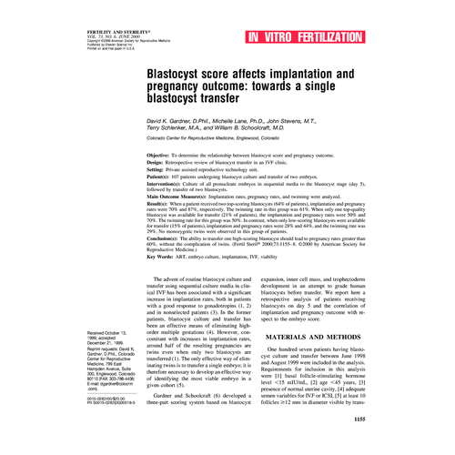 2000 Gardner,Lane,Stevens,Schlenker- Blastocyst score affects implantation and pregnancy outcome-Towards a single blastocyst transfer.pdf